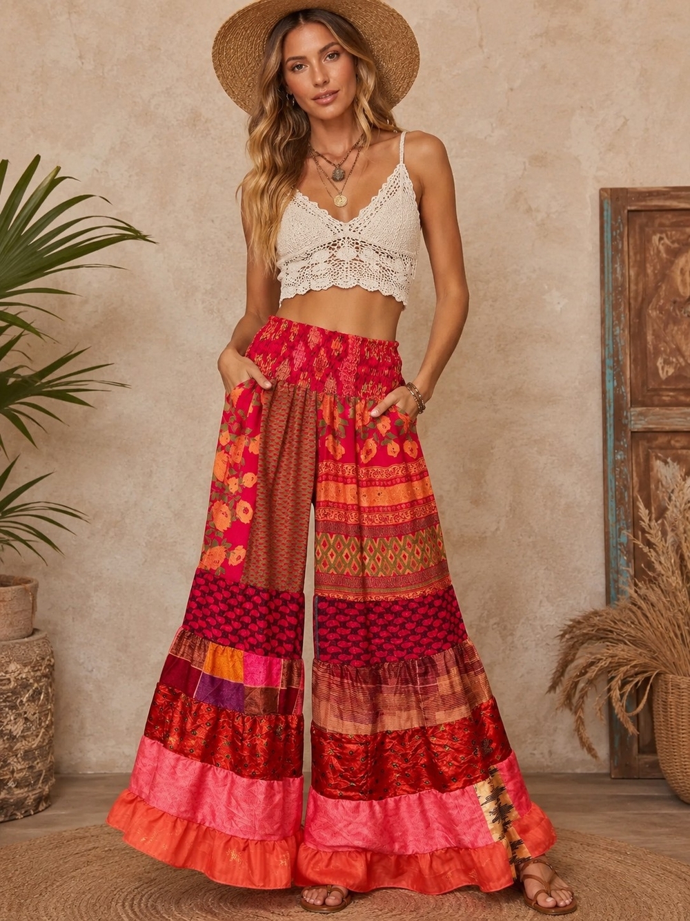 POL Patchwork Wide-Leg Pants in Red, Coral & Orange